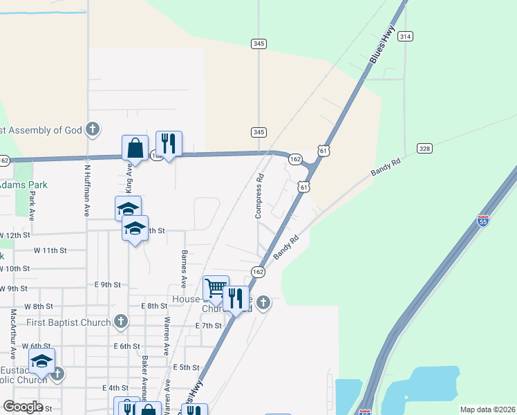 map of restaurants, bars, coffee shops, grocery stores, and more near Compress Road in Portageville
