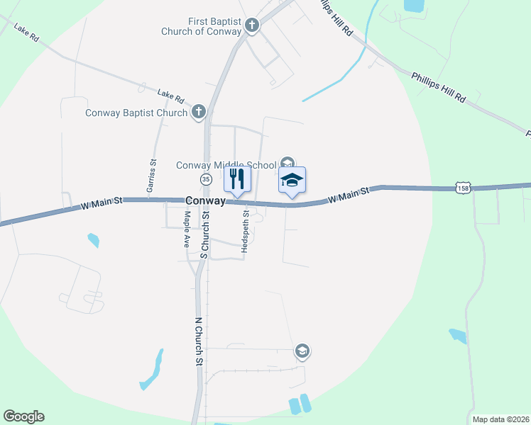 map of restaurants, bars, coffee shops, grocery stores, and more near 305 East Main Street in Conway