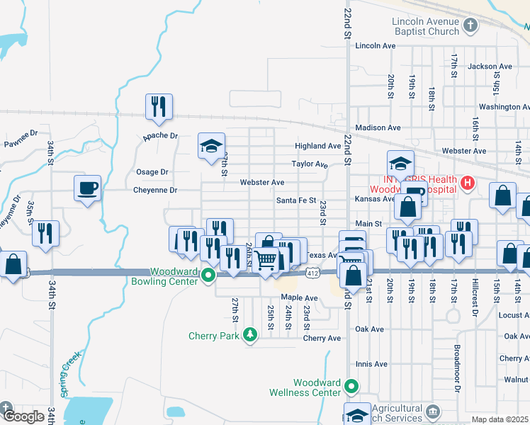 map of restaurants, bars, coffee shops, grocery stores, and more near 2514 Kansas Avenue in Woodward