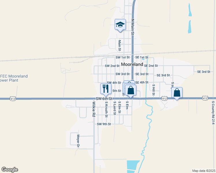 map of restaurants, bars, coffee shops, grocery stores, and more near 412 South Krouth Street in Mooreland