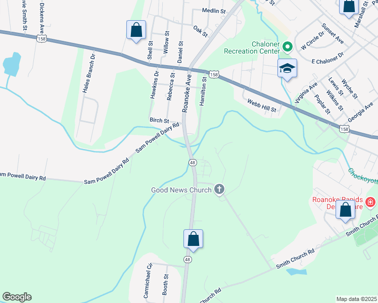 map of restaurants, bars, coffee shops, grocery stores, and more near 398-811 North Carolina 48 in Roanoke Rapids