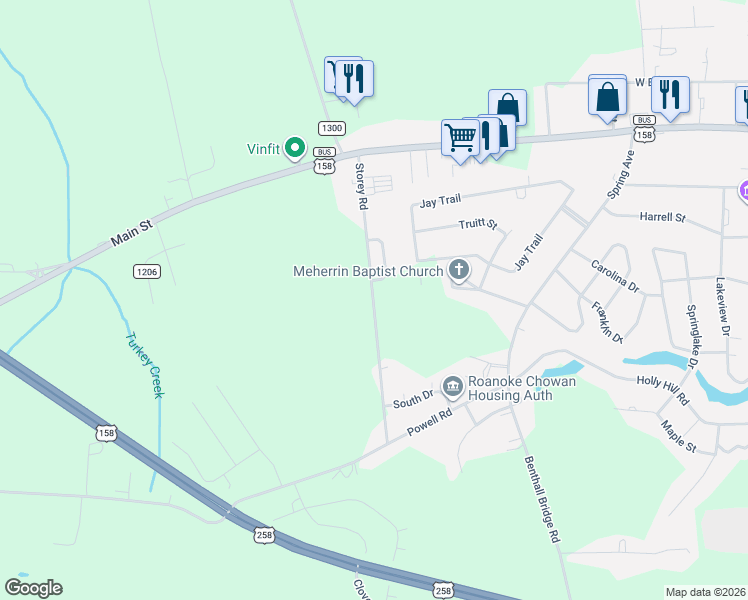 map of restaurants, bars, coffee shops, grocery stores, and more near 131 Storey Road in Murfreesboro