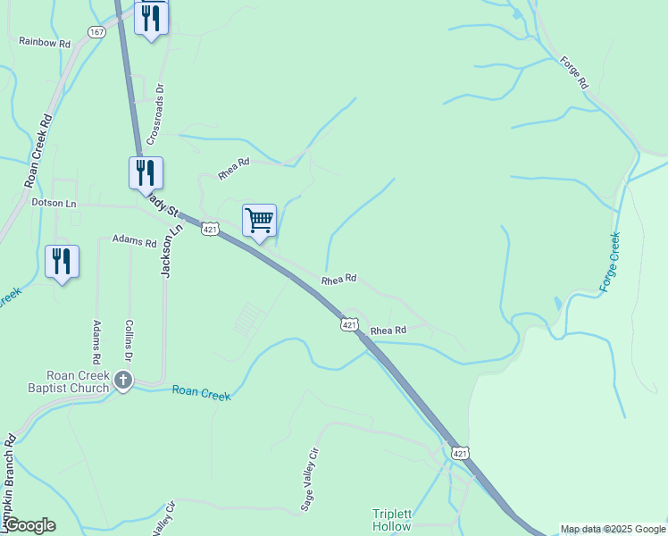 map of restaurants, bars, coffee shops, grocery stores, and more near 507 Rhea Road in Mountain City