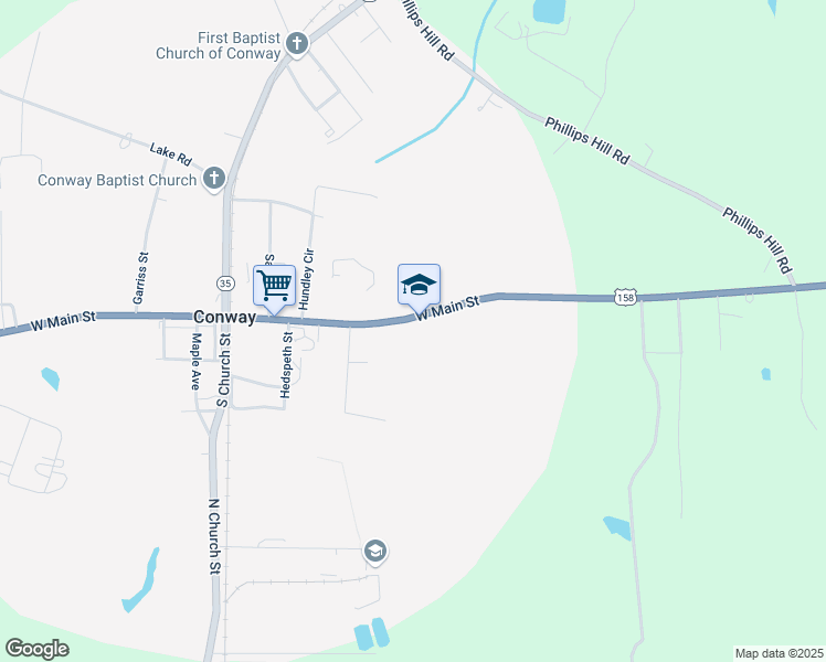 map of restaurants, bars, coffee shops, grocery stores, and more near 429 East Main Street in Conway