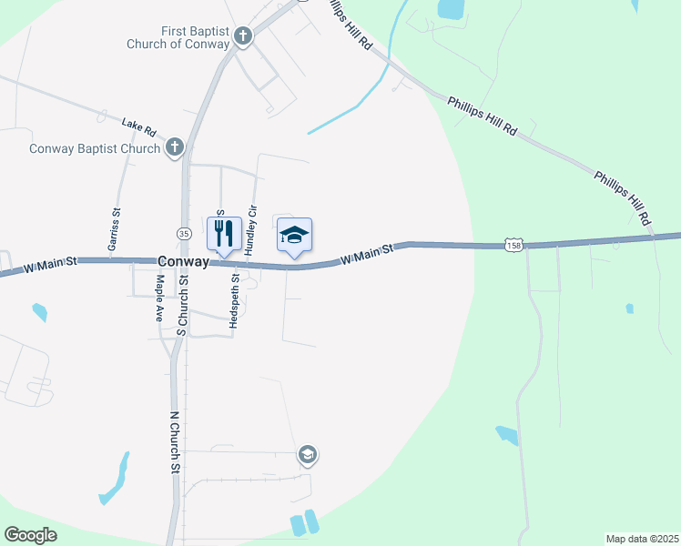 map of restaurants, bars, coffee shops, grocery stores, and more near 429 East Main Street in Conway