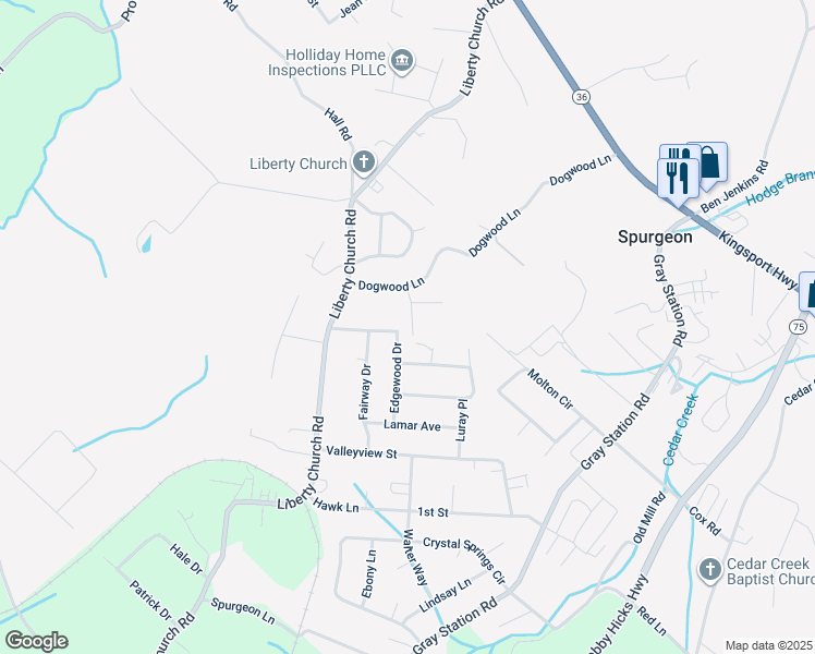 map of restaurants, bars, coffee shops, grocery stores, and more near 115 Grimm Road in Kingsport