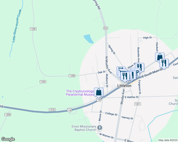 map of restaurants, bars, coffee shops, grocery stores, and more near 221 Oak Street in Littleton