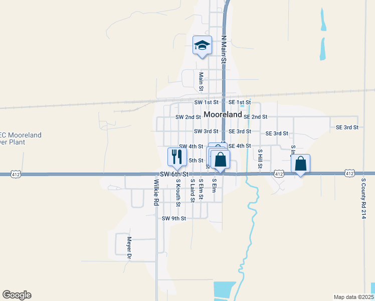 map of restaurants, bars, coffee shops, grocery stores, and more near 412 South Krouth Street in Mooreland