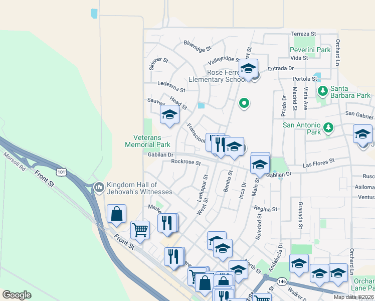 map of restaurants, bars, coffee shops, grocery stores, and more near 271 Azalea Place in Soledad