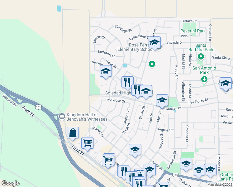 map of restaurants, bars, coffee shops, grocery stores, and more near 271 Azalea Place in Soledad
