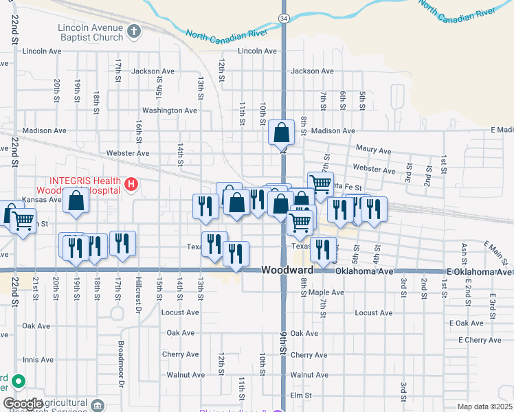 map of restaurants, bars, coffee shops, grocery stores, and more near 1001 10th Street in Woodward