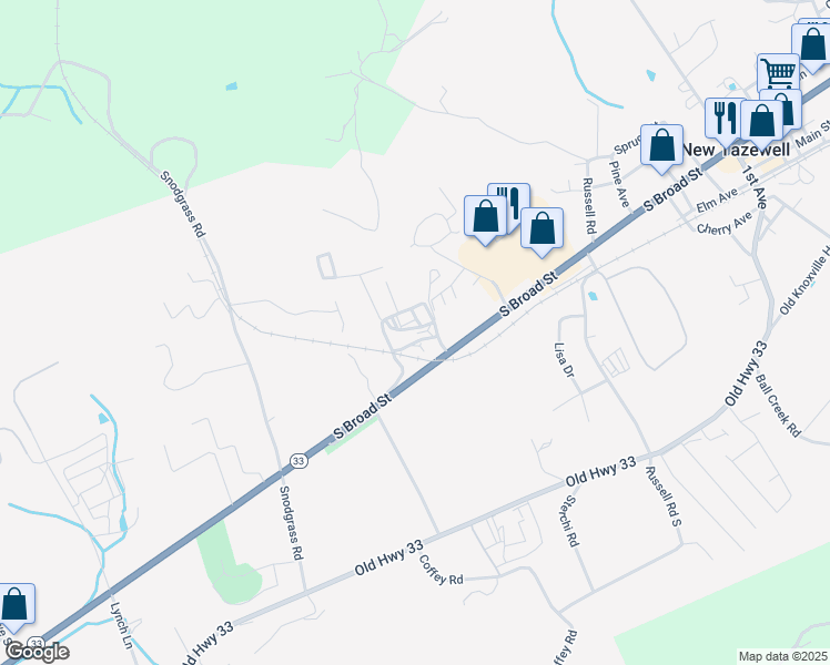 map of restaurants, bars, coffee shops, grocery stores, and more near 550 Tennessee 33 in New Tazewell