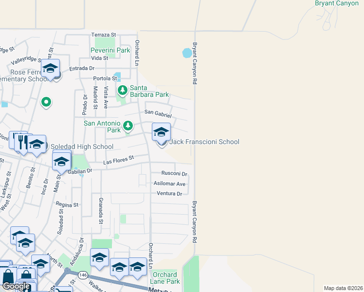 map of restaurants, bars, coffee shops, grocery stores, and more near 851 Mora Circle in Soledad
