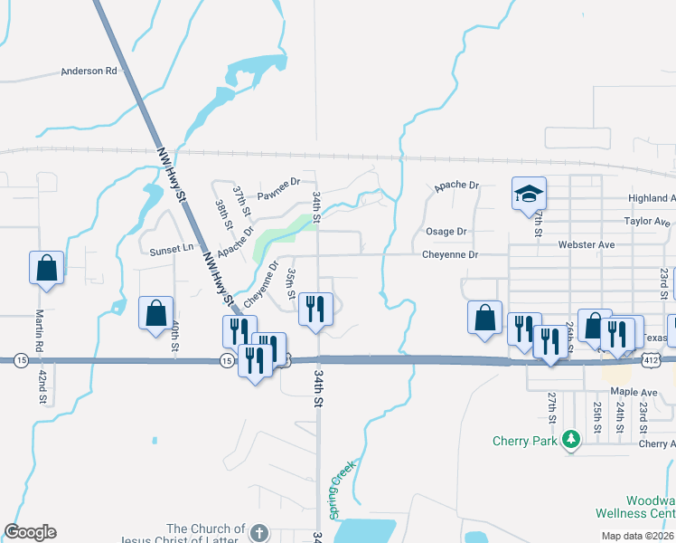 map of restaurants, bars, coffee shops, grocery stores, and more near 3323 Chisholm Drive in Woodward