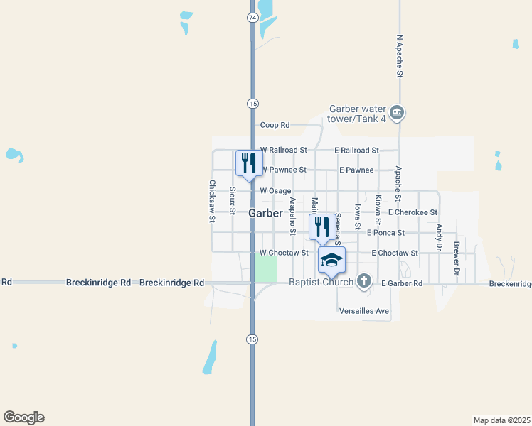 map of restaurants, bars, coffee shops, grocery stores, and more near in Garber