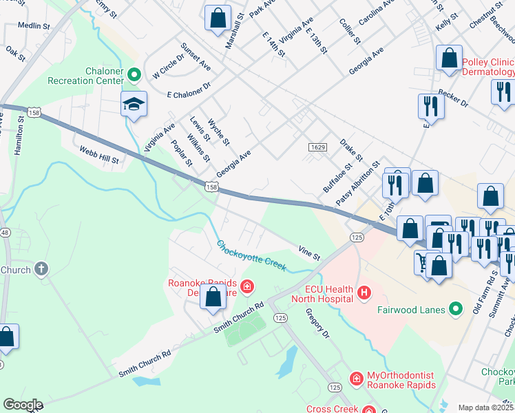 map of restaurants, bars, coffee shops, grocery stores, and more near 710 East Littleton Road in Roanoke Rapids