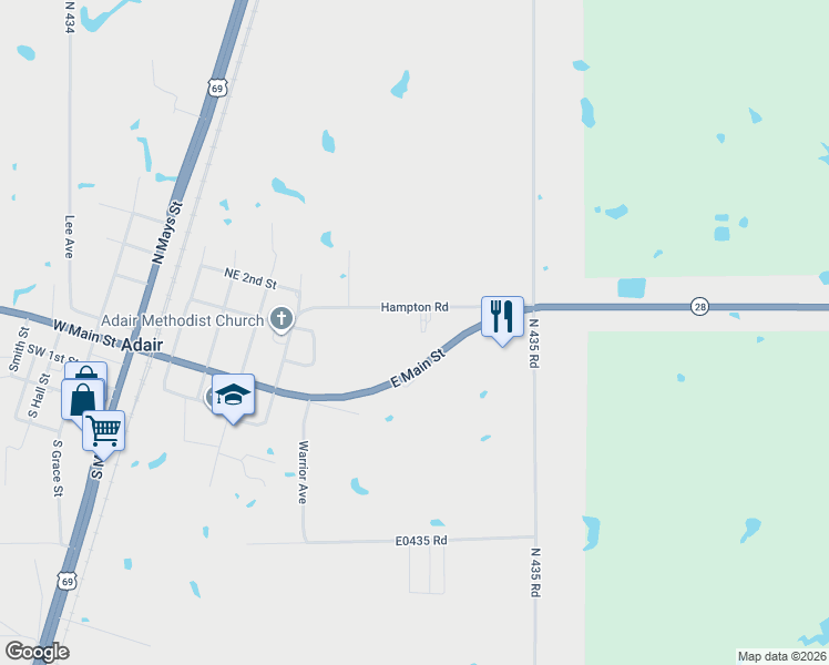 map of restaurants, bars, coffee shops, grocery stores, and more near 530 East Main Street in Adair