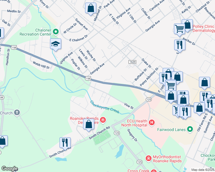 map of restaurants, bars, coffee shops, grocery stores, and more near 710 East Littleton Road in Roanoke Rapids