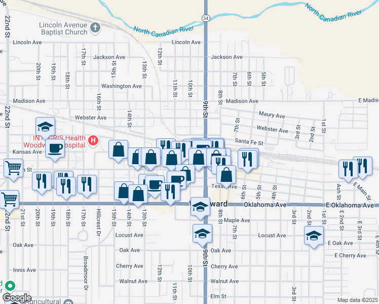 map of restaurants, bars, coffee shops, grocery stores, and more near 1001 10th Street in Woodward