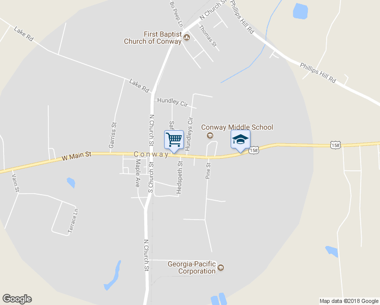 map of restaurants, bars, coffee shops, grocery stores, and more near 304 East Main Street in Conway
