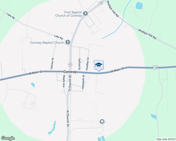 map of restaurants, bars, coffee shops, grocery stores, and more near 304 East Main Street in Conway