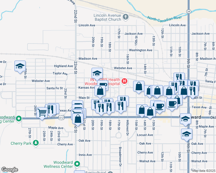 map of restaurants, bars, coffee shops, grocery stores, and more near 998 18th Street in Woodward