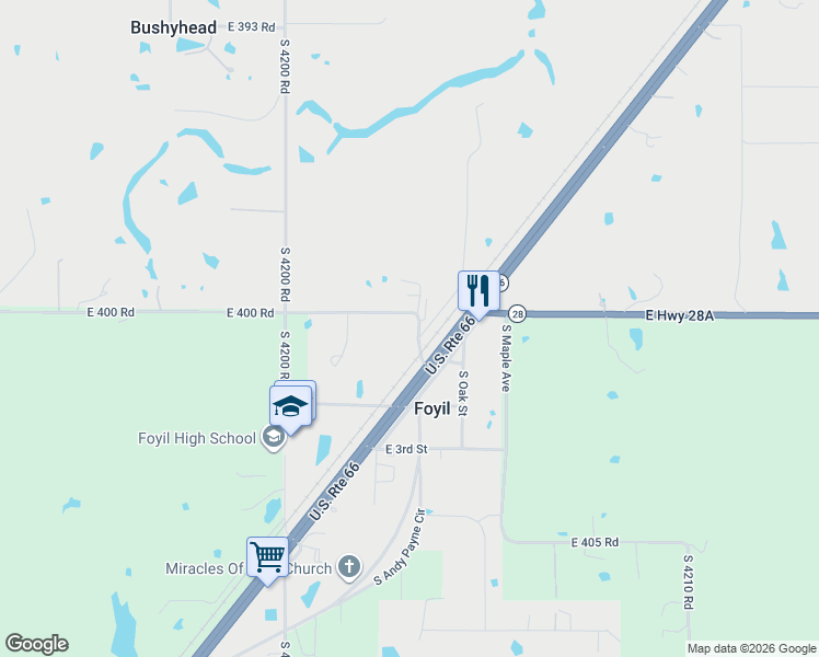 map of restaurants, bars, coffee shops, grocery stores, and more near 17295 East 400 Road in Claremore