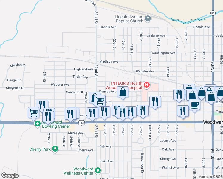 map of restaurants, bars, coffee shops, grocery stores, and more near 905 20th Street in Woodward