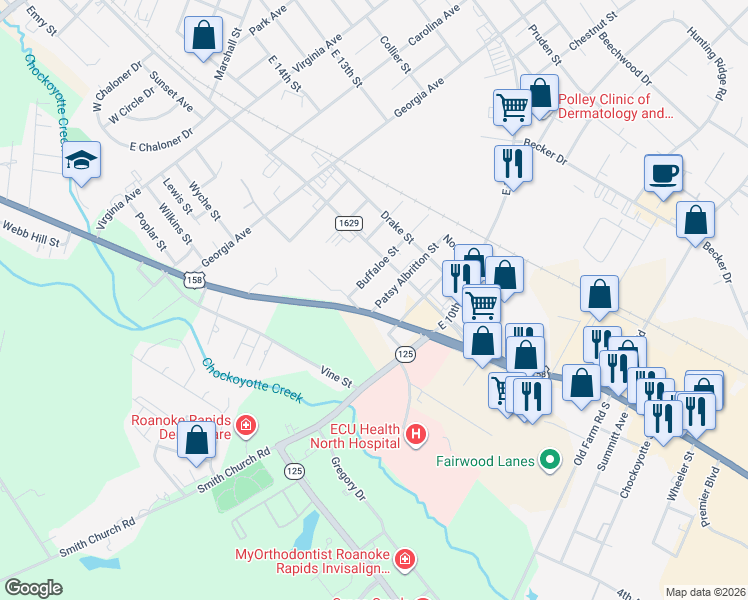 map of restaurants, bars, coffee shops, grocery stores, and more near 1507 Patsy Albritton Street in Roanoke Rapids