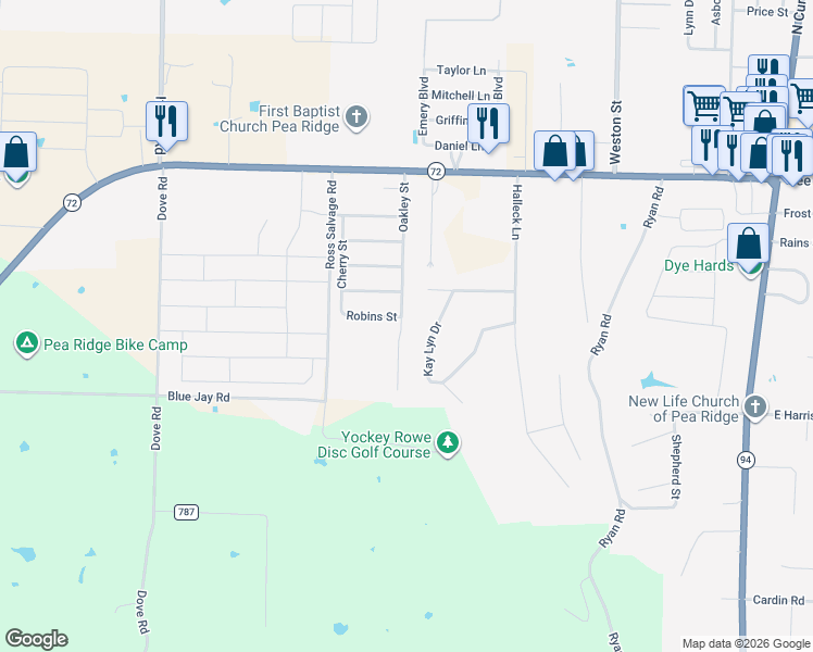 map of restaurants, bars, coffee shops, grocery stores, and more near 504 Oakley Street in Pea Ridge