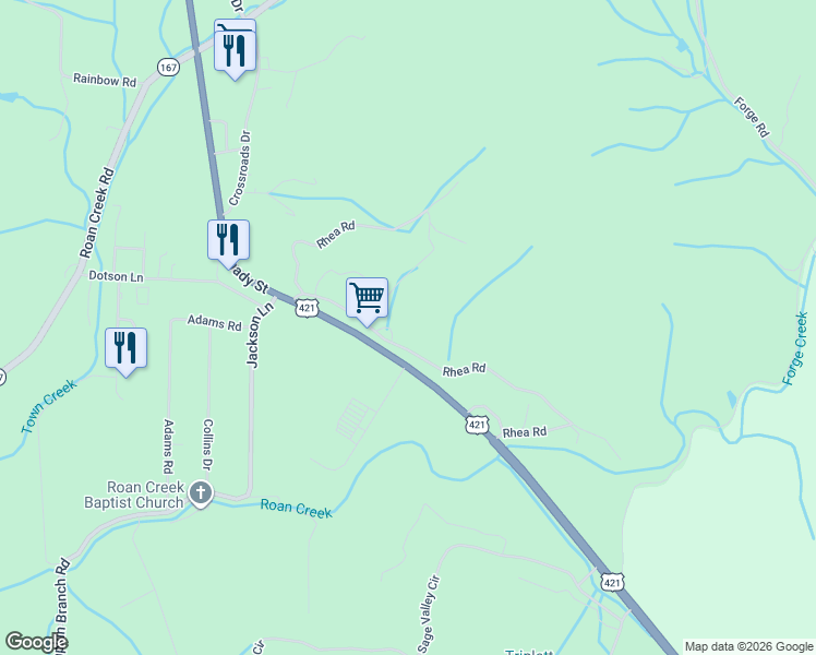 map of restaurants, bars, coffee shops, grocery stores, and more near 196 Hiddenwood Drive in Mountain City