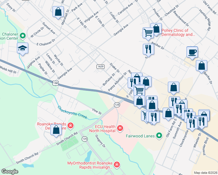 map of restaurants, bars, coffee shops, grocery stores, and more near 1521 Patsy Albritton Street in Roanoke Rapids