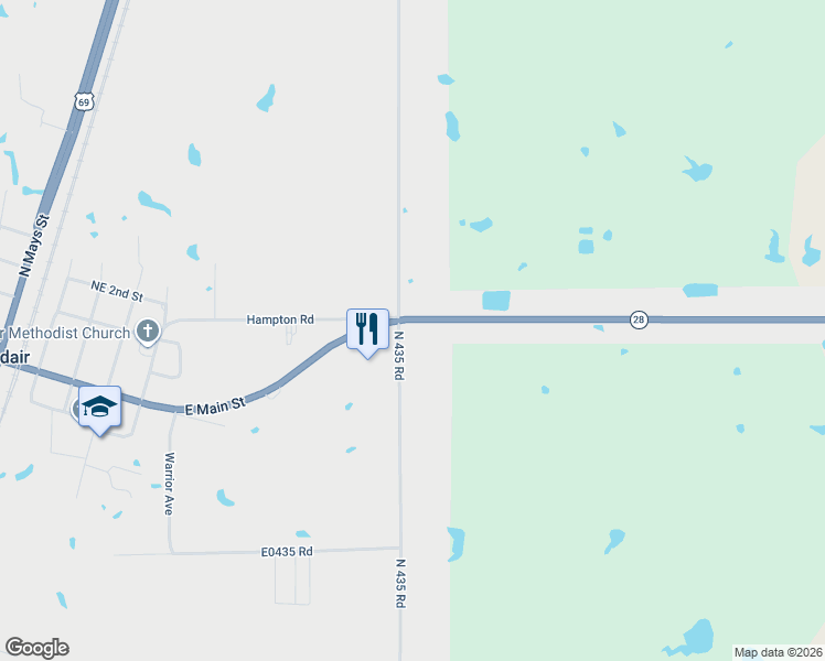 map of restaurants, bars, coffee shops, grocery stores, and more near 601 Main Street in Adair