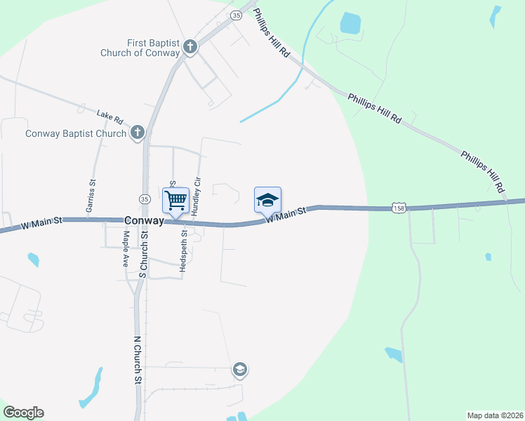 map of restaurants, bars, coffee shops, grocery stores, and more near 434 East Main Street in Conway