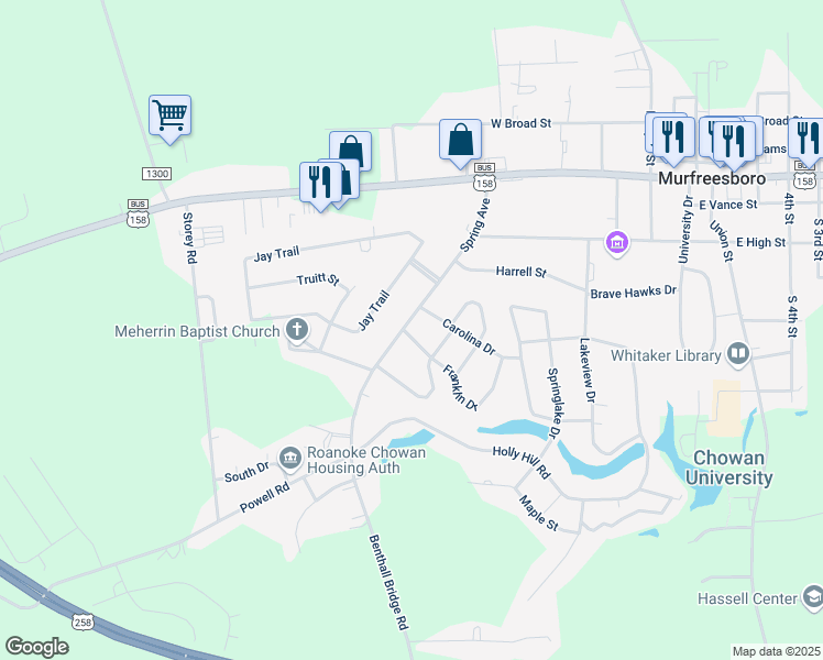 map of restaurants, bars, coffee shops, grocery stores, and more near 506-508 Spring Avenue in Murfreesboro