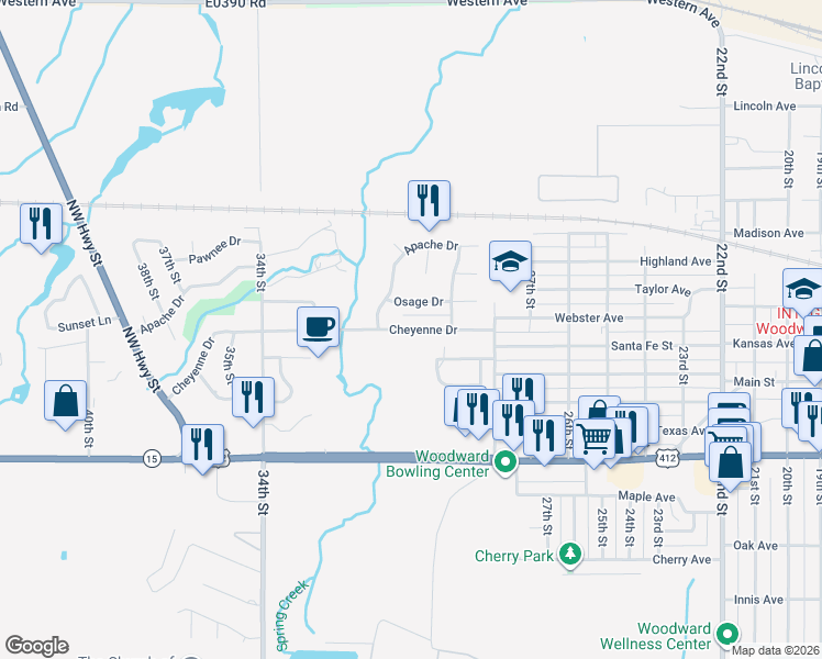map of restaurants, bars, coffee shops, grocery stores, and more near 3010 Cheyenne Drive in Woodward