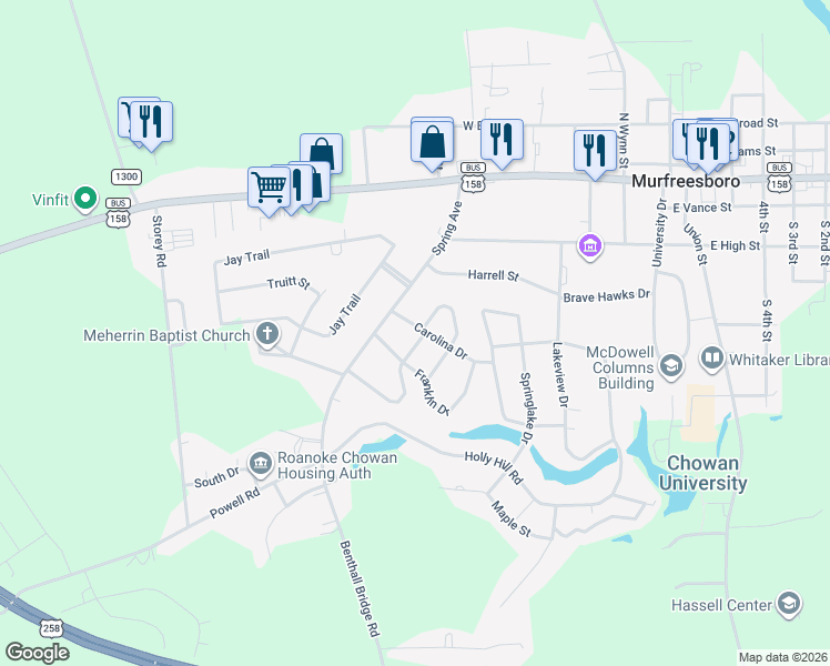 map of restaurants, bars, coffee shops, grocery stores, and more near 421 Carolina Drive in Murfreesboro