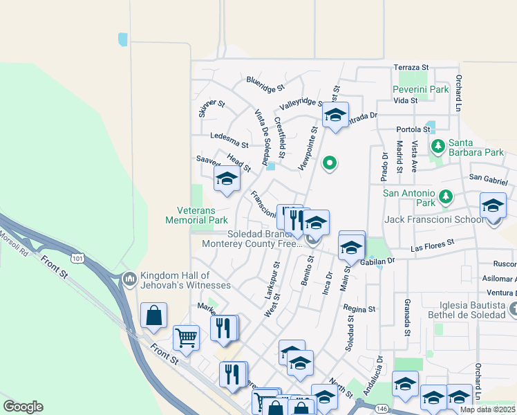 map of restaurants, bars, coffee shops, grocery stores, and more near 376 Franscioni Street in Soledad
