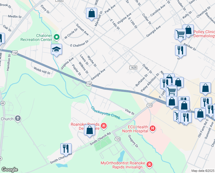 map of restaurants, bars, coffee shops, grocery stores, and more near 701 East Littleton Road in Roanoke Rapids