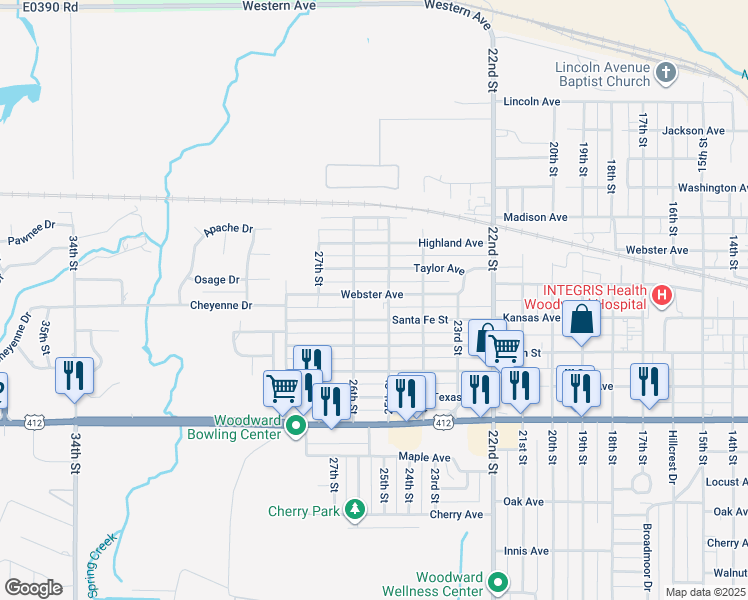 map of restaurants, bars, coffee shops, grocery stores, and more near 2510 Santa Fe Street in Woodward