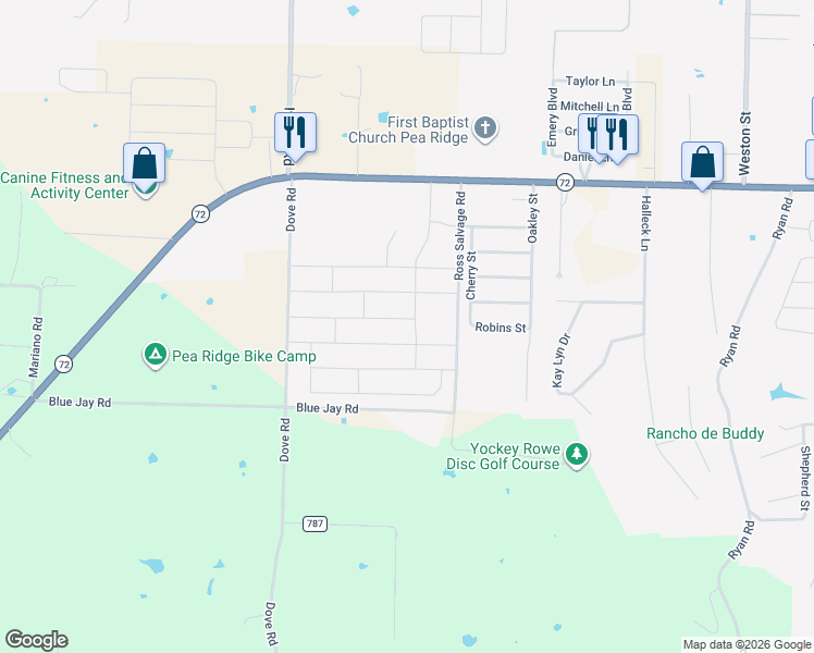 map of restaurants, bars, coffee shops, grocery stores, and more near 500 Crawford Street in Pea Ridge