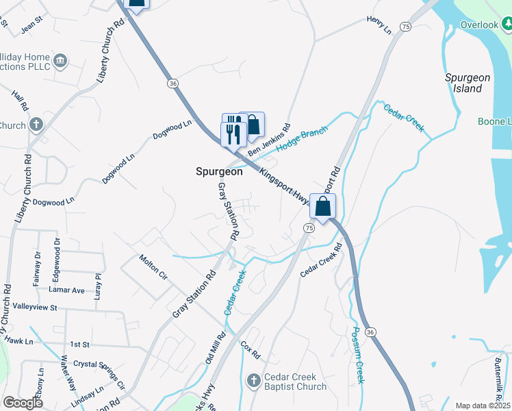map of restaurants, bars, coffee shops, grocery stores, and more near 152 Gray Station Road in Gray