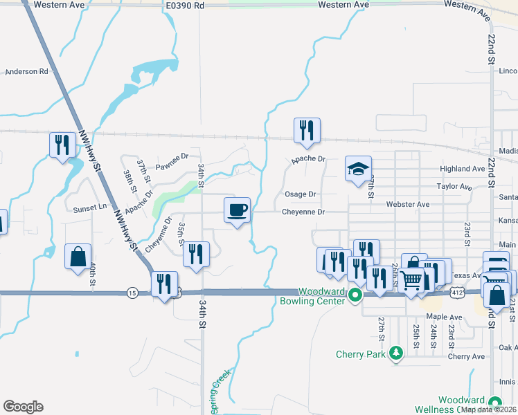 map of restaurants, bars, coffee shops, grocery stores, and more near 3110 Cheyenne Drive in Woodward
