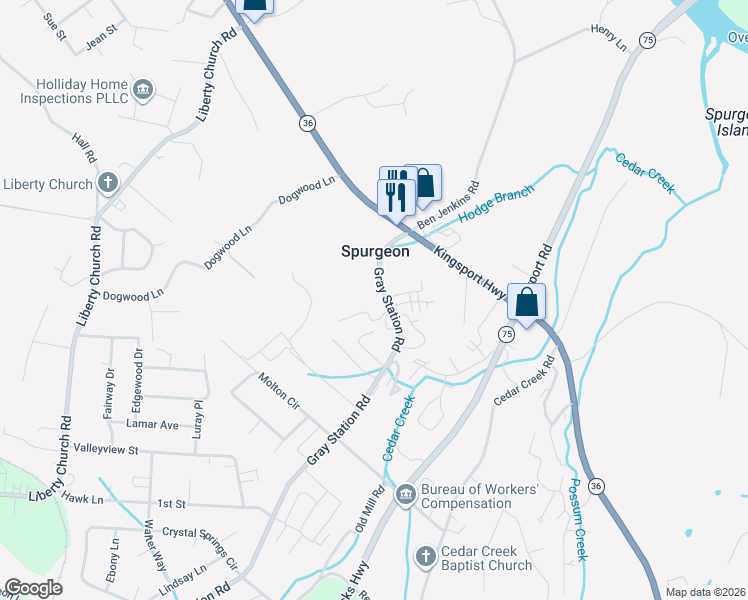 map of restaurants, bars, coffee shops, grocery stores, and more near 133 Gray Station Road in Johnson City