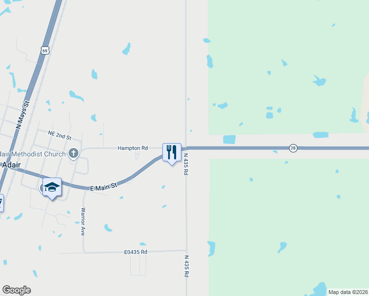 map of restaurants, bars, coffee shops, grocery stores, and more near 601 Main Street in Adair