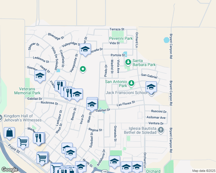 map of restaurants, bars, coffee shops, grocery stores, and more near 950 Prado Drive in Soledad