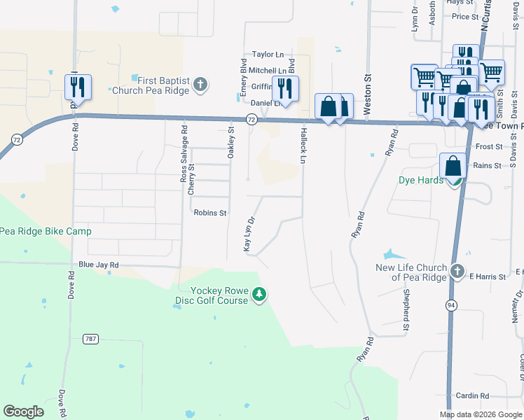 map of restaurants, bars, coffee shops, grocery stores, and more near 1414 Kay Lyn Drive in Pea Ridge
