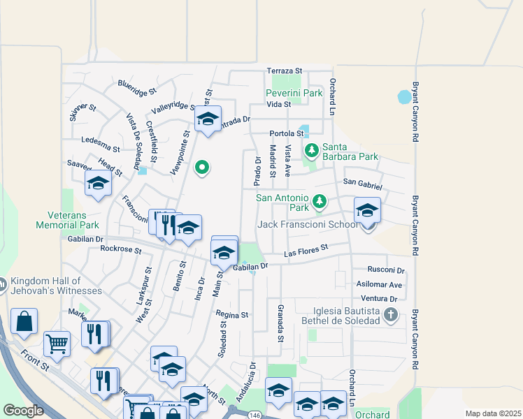 map of restaurants, bars, coffee shops, grocery stores, and more near 950 Prado Dr in Soledad