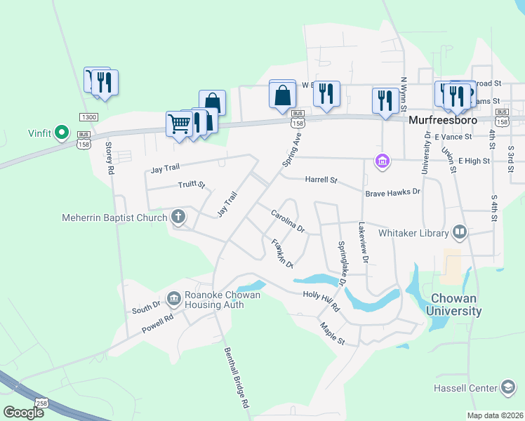 map of restaurants, bars, coffee shops, grocery stores, and more near 421 Carolina Drive in Murfreesboro
