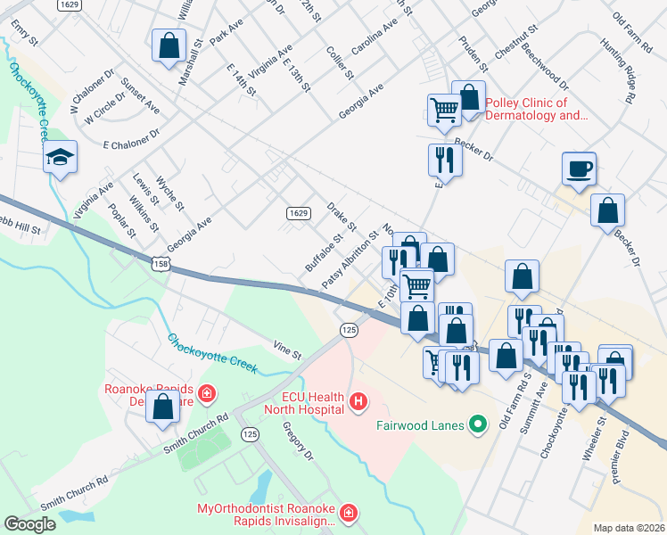 map of restaurants, bars, coffee shops, grocery stores, and more near 1507 Patsy Albritton Street in Roanoke Rapids